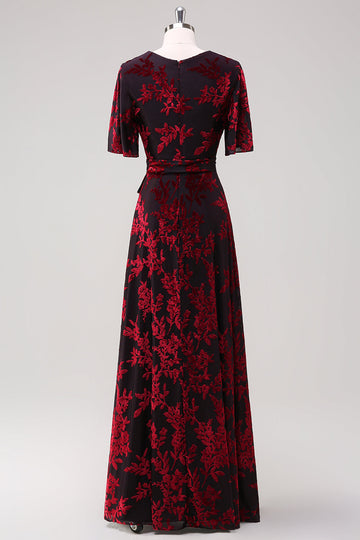 Burgundy A Line Burnout Velvet Long Prom Dress